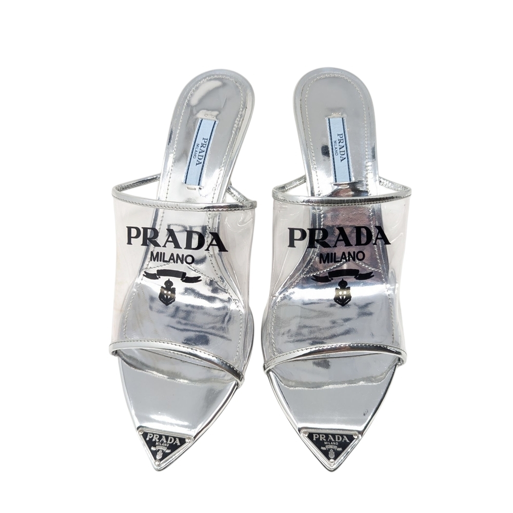 Prada PVC Pointed Plexiglass Metallic Triangle Logo Clear Sandal Mule Slides 38 - Picture 2 of 12